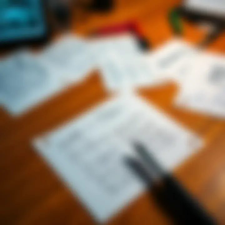 A close-up of handwritten notes spread out on a wooden desk, showcasing different styles of handwriting.