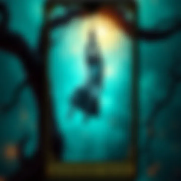 A tarot card featuring a figure hanging upside down from a tree, symbolizing pause and reflection.