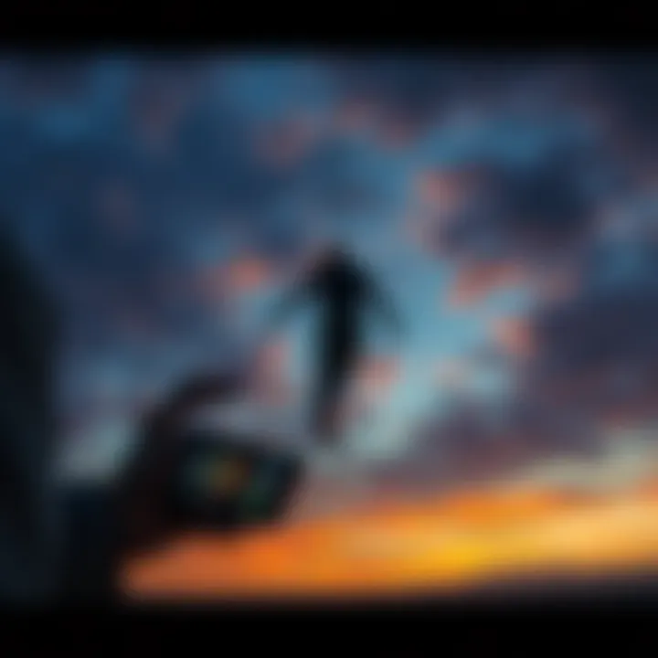 A dreaming person sees a motionless figure hanging in the air, with a smartphone alarm ringing nearby, creating a surreal scene.