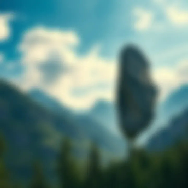 A large hanging stone formation amidst the Sayan Mountains, surrounded by lush greenery and blue skies.