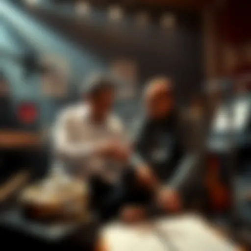 Hans Zimmer and A.R. Rahman Collaboration Hans Zimmer and A.R. Rahman working together in a studio, surrounded by musical instruments and notes for Ramayan 2026