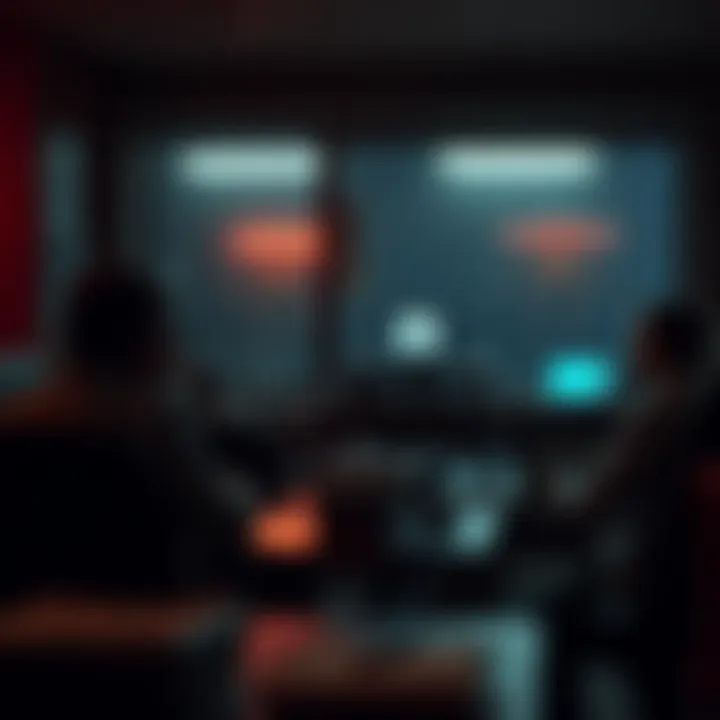 A scene depicting government agents discussing a staged hantavirus pandemic and its connection to an alien invasion in a dark office setting