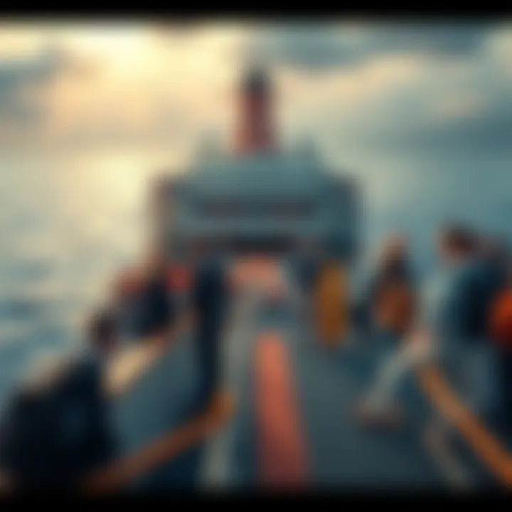 A cruise ship in calm waters, with lifeboats lowered and a group of concerned passengers gathered on the deck, looking worried as they discuss health concerns.