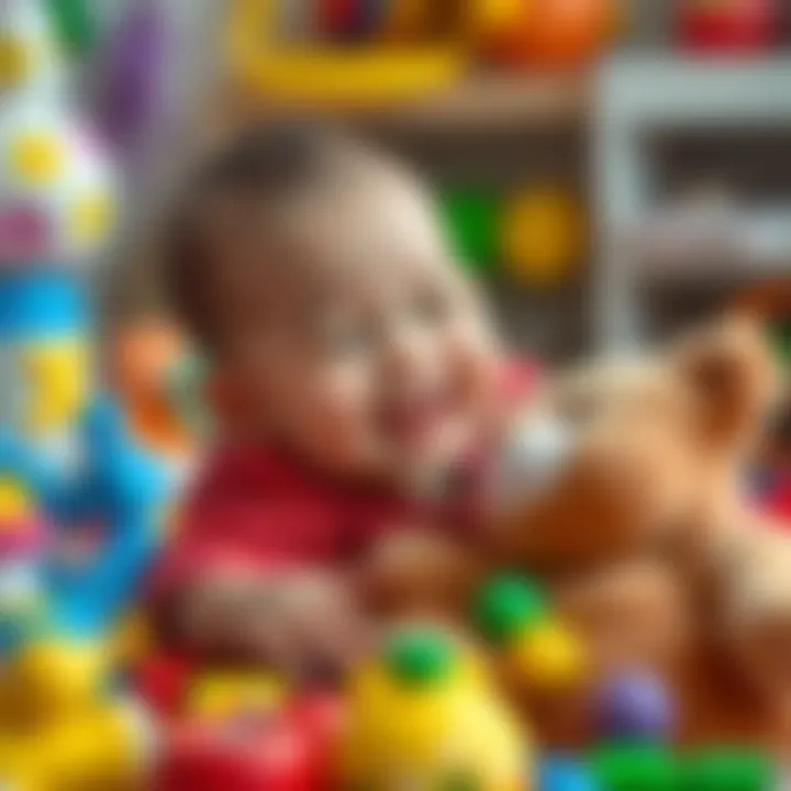 A joyful baby surrounded by colorful toys, smiling and reaching out for a plush teddy bear, showcasing a fun and engaging moment of play.