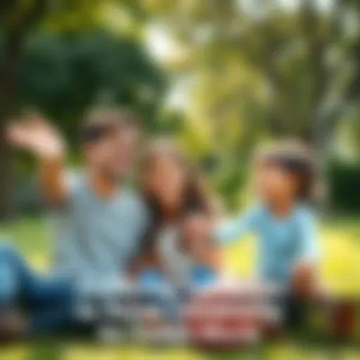 A family with two children enjoying outdoor activities, laughing and playing games in a park setting.