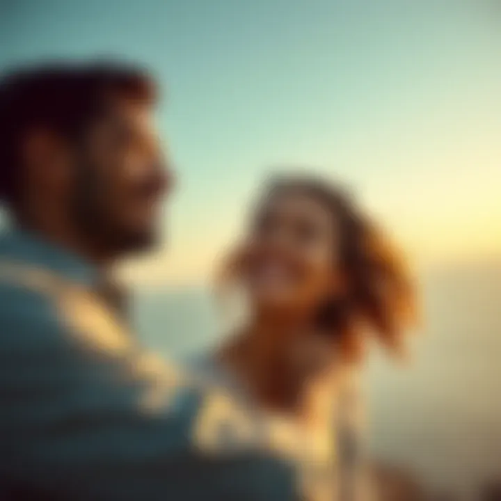 Happy couple looking forward A happy couple in their late twenties smiling together, symbolizing new beginnings after a long engagement, with a bright horizon in the background.