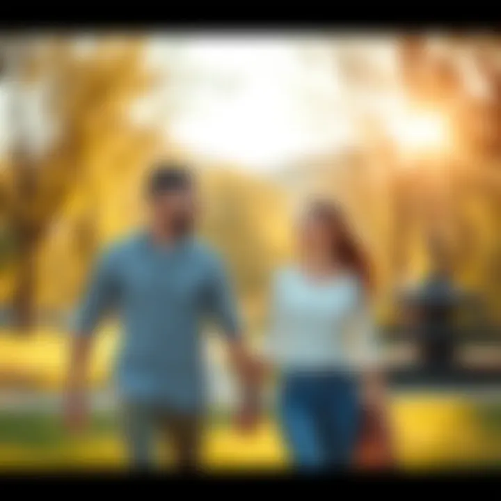 A joyful couple walking hand in hand in a sunny park, looking at each other lovingly.