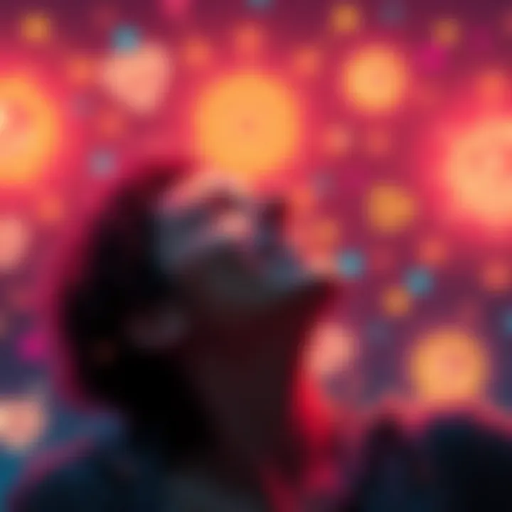 A joyful person daydreaming about their crush while surrounded by glowing positive energy symbols