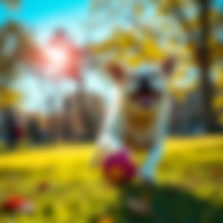 A joyful dog running and playing with a ball in a sunny park
