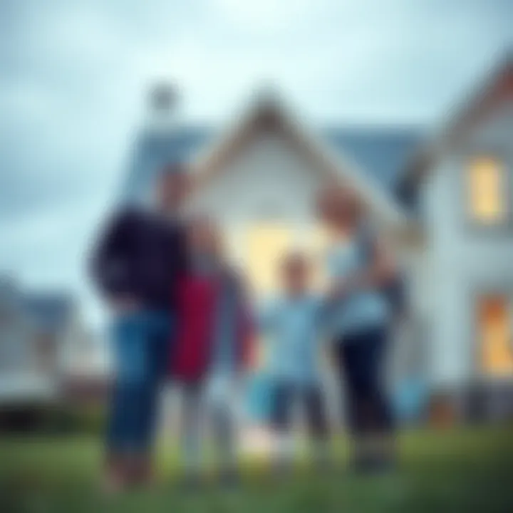 A cheerful family standing in front of a new house, symbolizing happiness and new beginnings after moving.