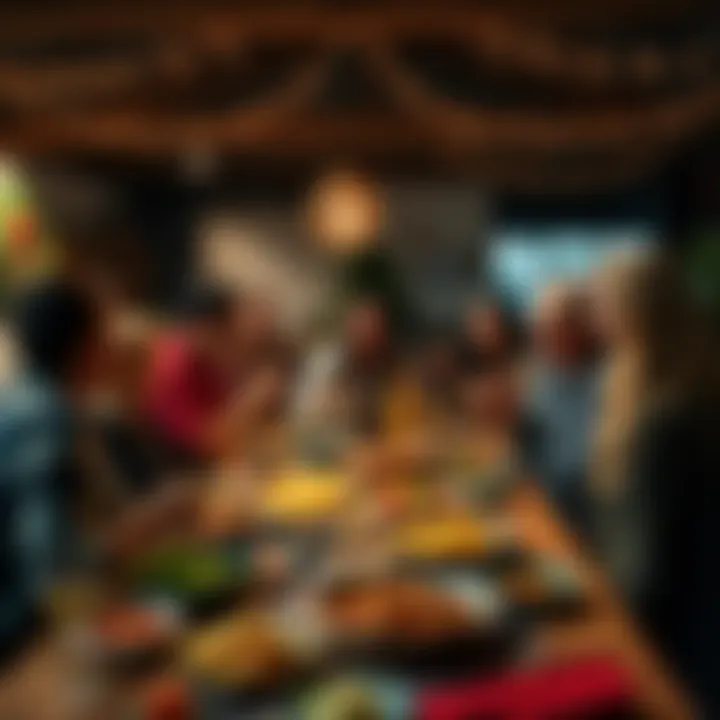 A group of friends and family enjoying a festive meal around a table filled with food, laughing and celebrating together during Happy Hungry Season.