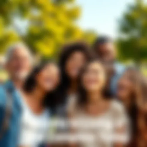 A diverse group of people smiling and enjoying time together in a sunny park setting, representing happiness and fulfillment.