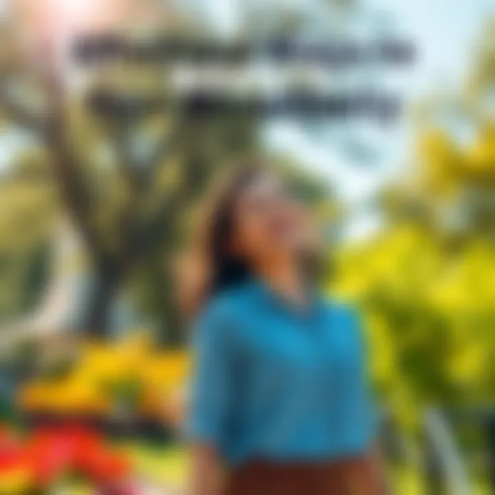 A person smiling while standing in a sunny park surrounded by trees and flowers, radiating positive energy