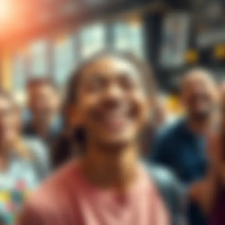 A person with a big smile, radiating joy and positivity, surrounded by friends in a social setting.