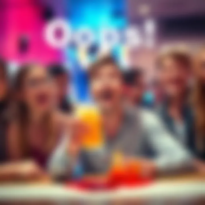 Happy surprise from a mistake A person looks pleasantly surprised while holding a spilled drink, with friends laughing in the background.