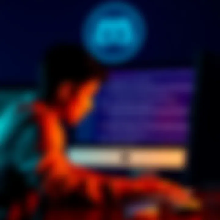 A person looking distressed while using a computer, with Discord logo in the background and messages of harassment on the screen