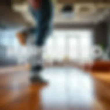 Hardwood Floor Comparison A person standing on hardwood flooring, showing discomfort while holding their back.