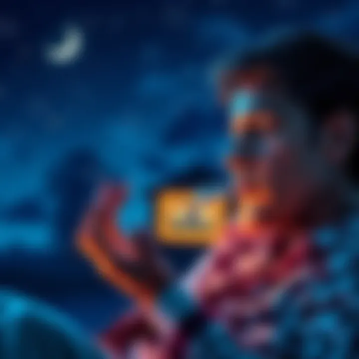 A person applying haritaki gum while preparing for sleep, with a dreamy night background.