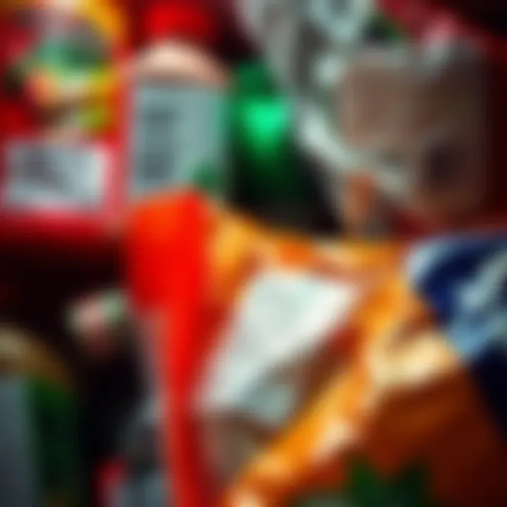 A close-up of food items with labels showing harmful preservatives and chemicals, highlighting concerns about health risks.