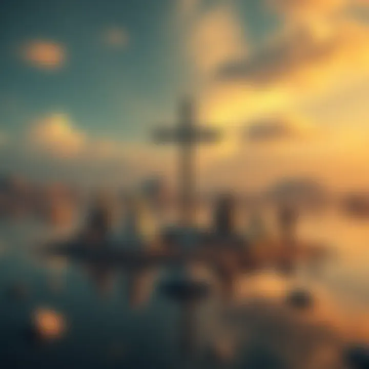 A serene landscape depicting a cross alongside symbols of various spiritual practices, embodying the essence of balance among diverse beliefs.