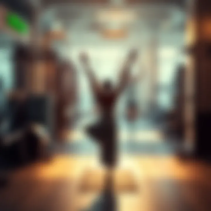 A serene figure practicing yoga in front of gym equipment, symbolizing the balance of physical fitness and spiritual growth