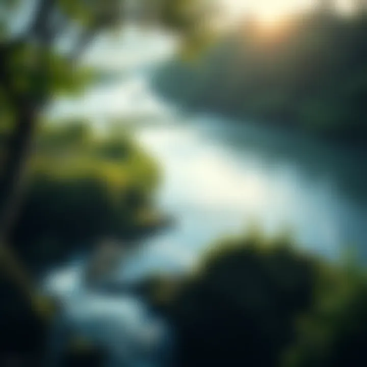 A serene landscape depicting a tranquil river flowing through lush greenery, representing the balance between humanity and the natural world.