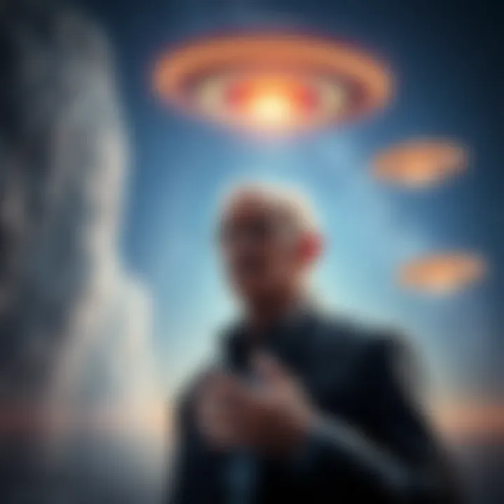 Harold Malmgren speaking about extraterrestrial life, surrounded by starry sky and UFOs