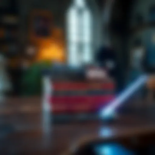 A stack of Harry Potter books displayed on a wooden table with a glowing wand beside them.