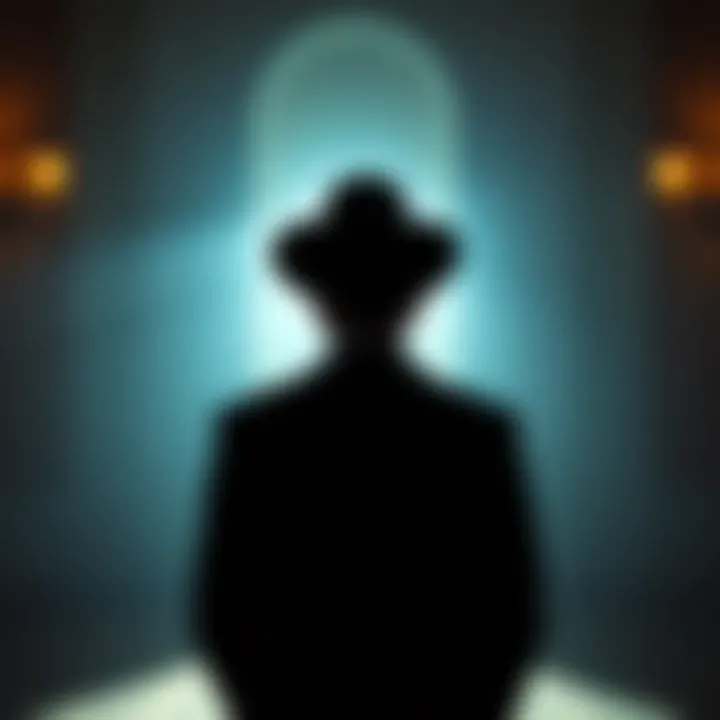 A Hasidic man wearing a traditional black hat, standing in a dimly lit room, contemplating a shadowy figure