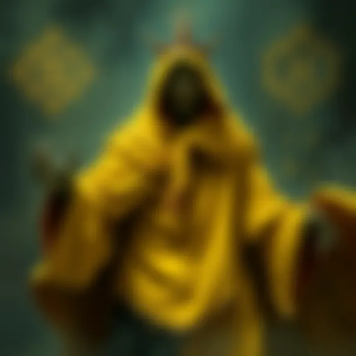 A figure in a tattered yellow robe with a haunting expression, surrounded by dark shadows and cryptic symbols, representing the curse of Hastur.