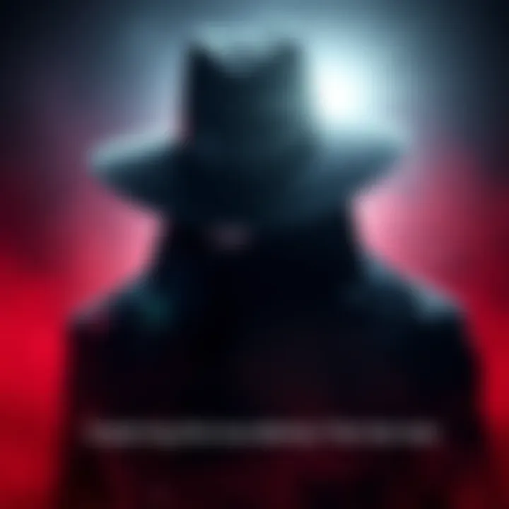 A shadowy figure wearing a wide-brimmed hat, shrouded in darkness, symbolizing mystery and intrigue.