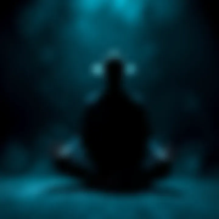 A shadowy figure wearing a hat stands in a dark room, giving off a haunting presence during a deep meditation.