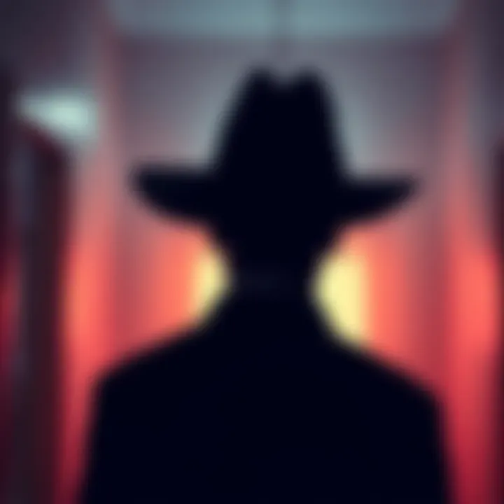 A dark silhouette of a figure wearing a wide-brimmed hat, standing in a dimly lit room, creating an eerie atmosphere.