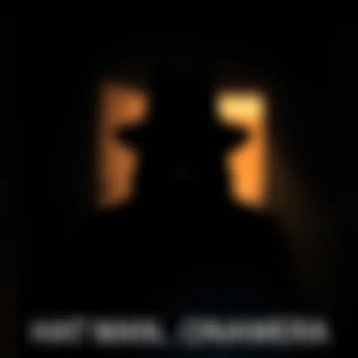 A shadowy figure wearing a hat in a dimly lit environment