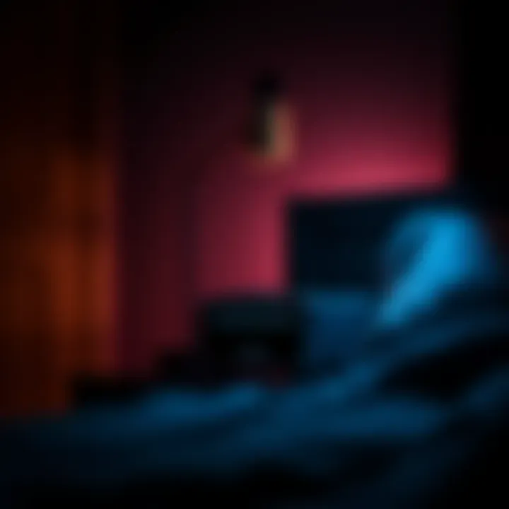 Hatch Noise Machine in a Dark Room A Hatch noise machine placed on a bedside table, with dim lighting casting shadows, suggesting an eerie atmosphere.