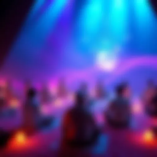 A serene setting with people meditating, surrounded by soothing light and sound waves, promoting healing and peace