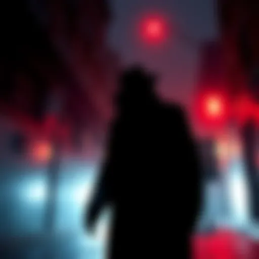 A tall, shadowy figure wearing a hat and trench coat stands in a dimly lit street, evoking curiosity and fear. The scene captures the eerie presence of the Hatman as he watches quietly from the shadows.