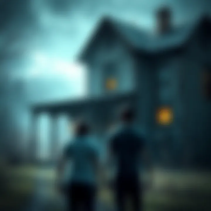 A terrified couple stands outside an old, dilapidated house with broken windows, looking anxious and scared.