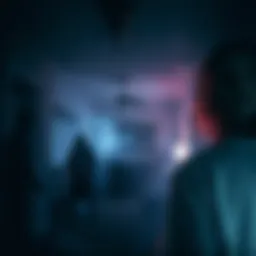 A dimly lit room showing shadowy figures and a tenant looking startled as they hear strange noises, suggesting a haunting