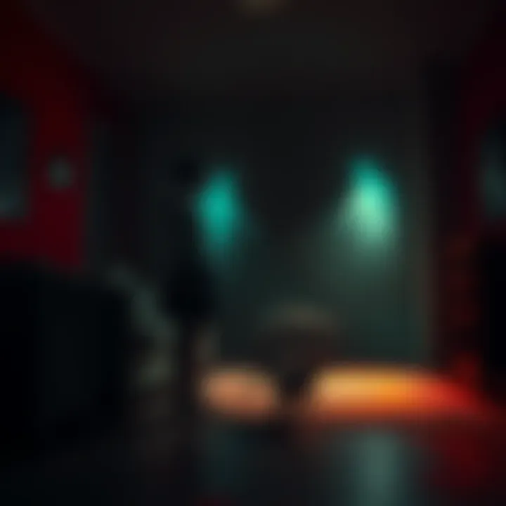 A dimly lit living room with ghostly shadows and a frightened woman looking at a dark corner, a small kitten by her side.