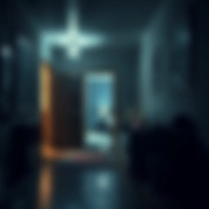 A dimly lit apartment with shadows and an open door, suggesting a haunting presence