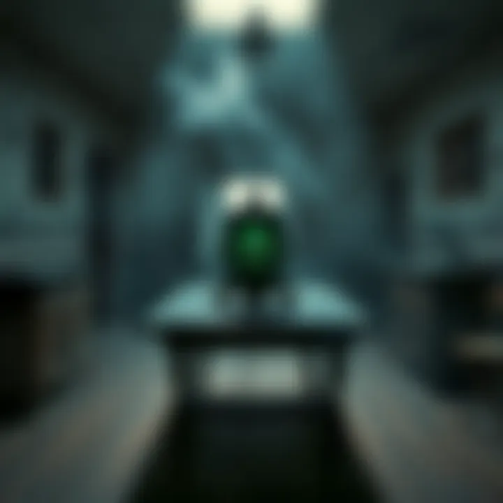 A strange artifact sits on a wooden table in an abandoned infirmary, surrounded by dusty old furniture and peeling paint. The artifact glimmers subtly, hinting at its eerie history. Shadows loom in th...