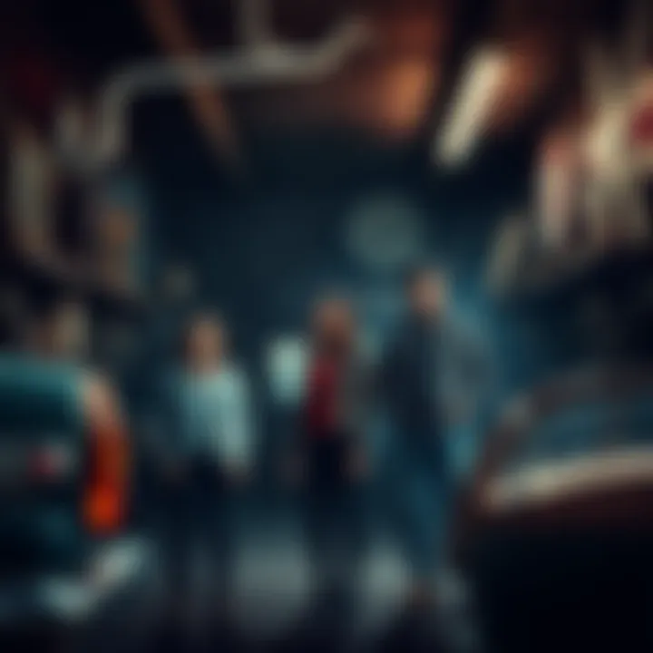 A family standing in their automotive shop, looking startled as strange shadows loom behind them, with old Civil War relics displayed on the walls.