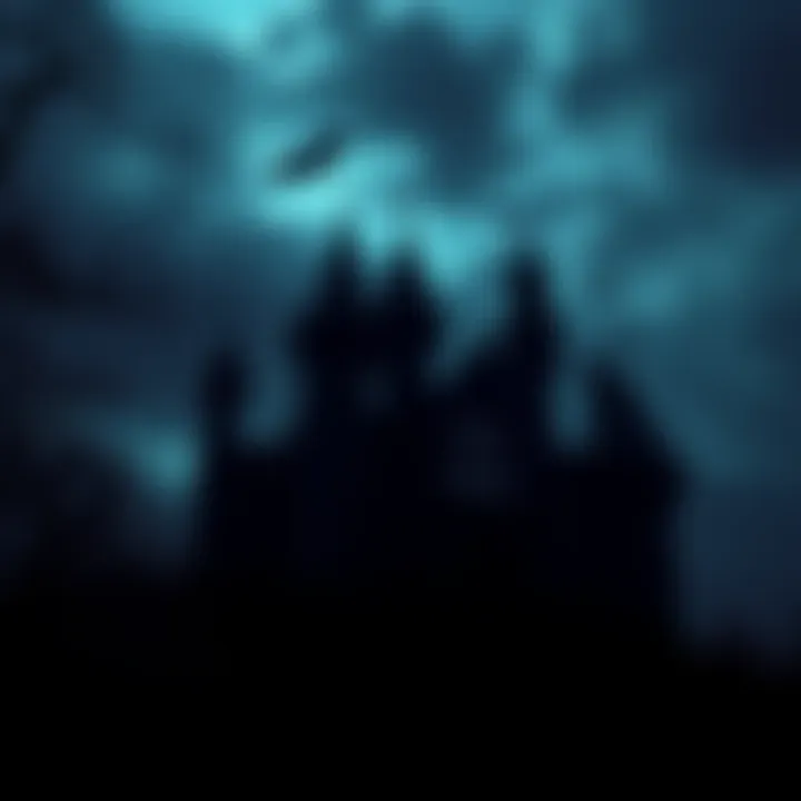 A spooky castle silhouette under a dark sky, with shadows lurking in the corners.