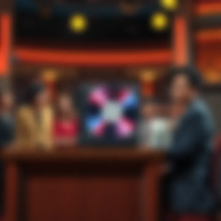 Haunted CD on Talk Show Desk A haunted CD placed on a talk show desk while the audience reacts in shock, showcasing their terrified expressions. Host Tamori looks confused and concerned as eerie sounds play in the background.