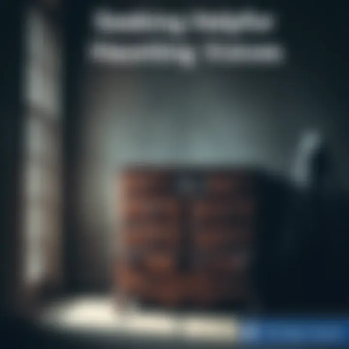 An old chest of drawers sitting in a dimly lit room, with shadows and a ghostly figure in the background, representing haunting voices.