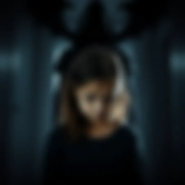 A girl haunted by a shadowy figure A young girl looks distressed as a dark, shadowy figure looms behind her, symbolizing a demon. The background shows a dimly lit room, adding to the eerie atmosphere.