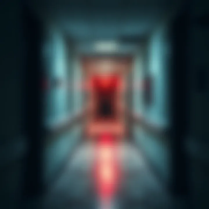 A still from the video showing eerie shadows in a clinic corridor