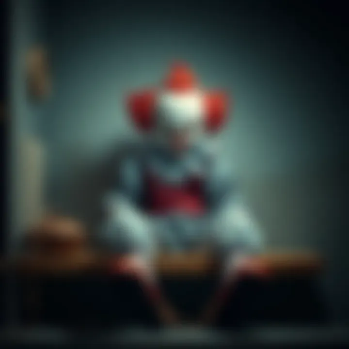 A spooky clown doll sitting alone on a shelf, with a shadowy background, evoking a sense of unease.