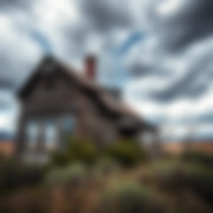 Haunted Location in Colorado An old, abandoned house with broken windows and overgrown weeds, set against a cloudy sky that suggests an eerie atmosphere.